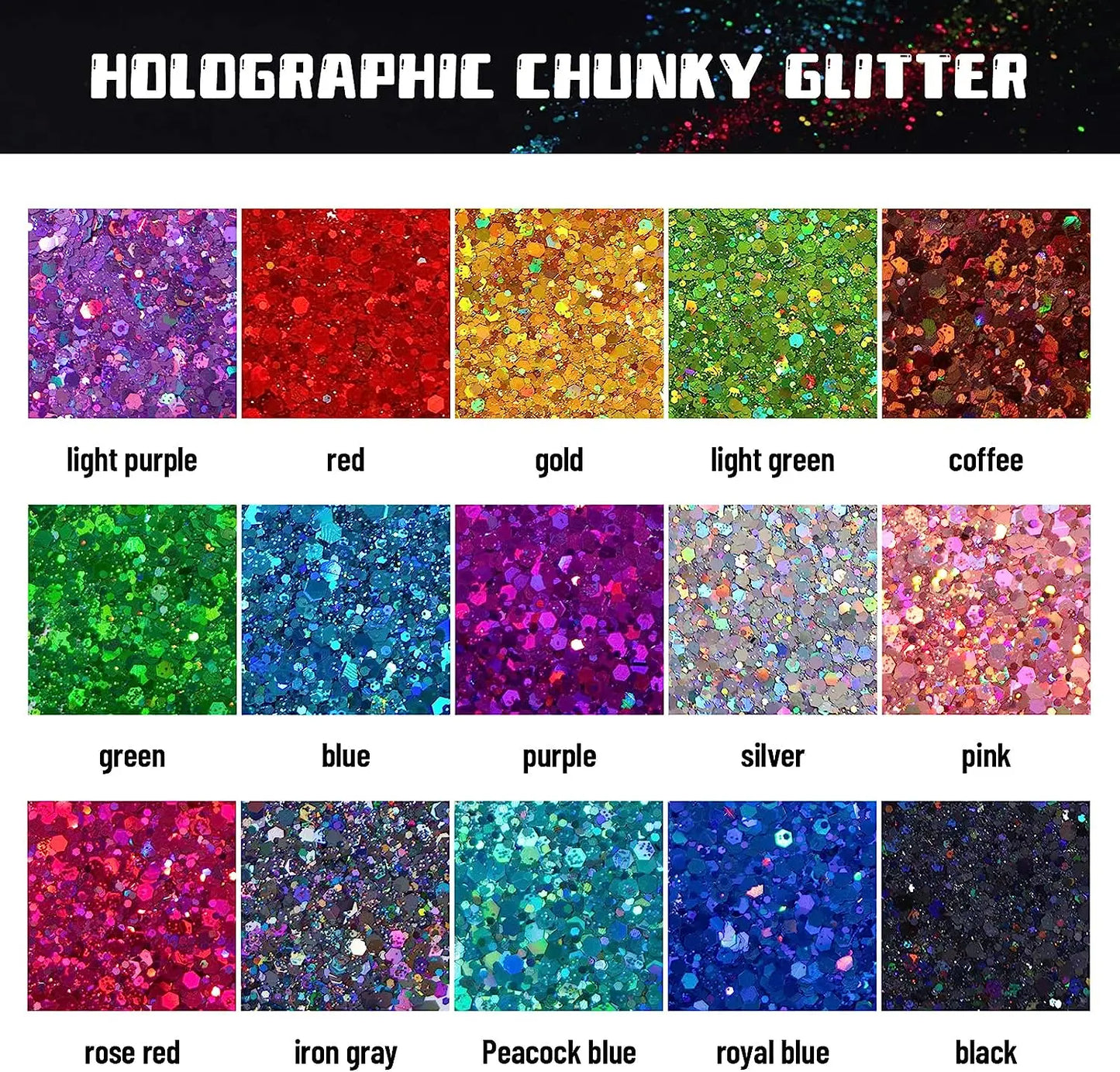 HTVRONT 150g 15 Colors Holographic Chunky Glitter.