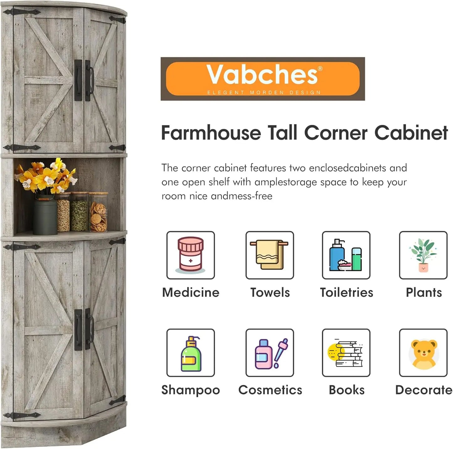 Farmhouse Corner Cabinet with 5 Storage Shelves.