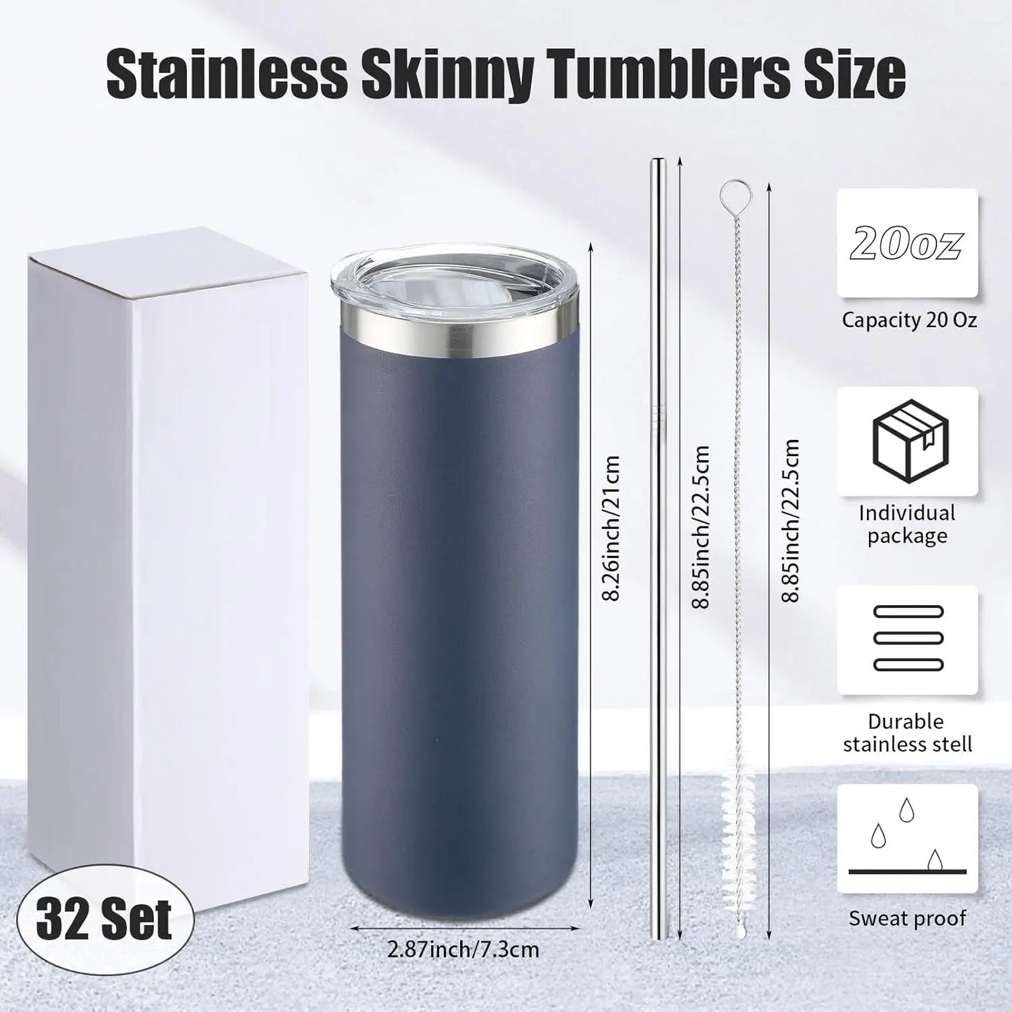 32 Skinny Tumblers, 20 Oz Stainless Steel Tumbler, Bulk