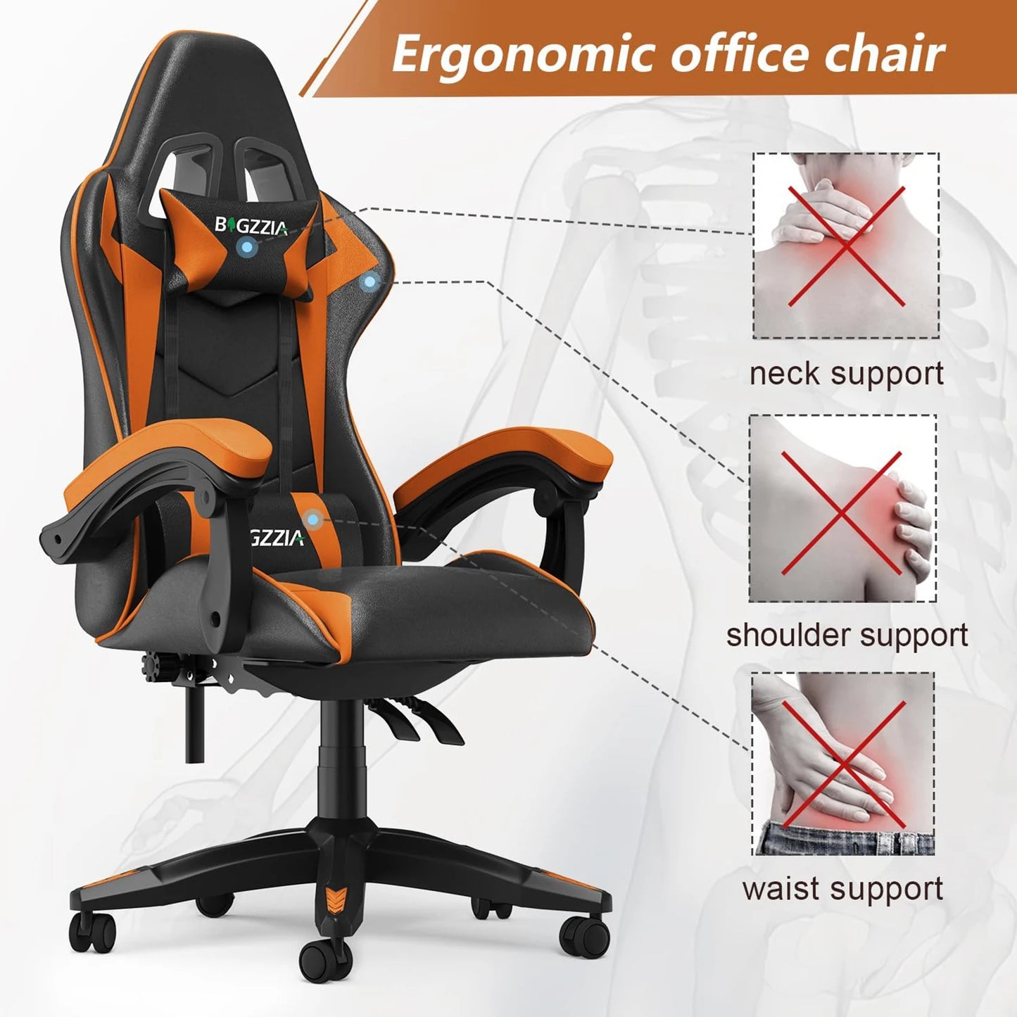 Gaming Chair, Office Chair, Ergonomic, Headrest and Lumbar Support.