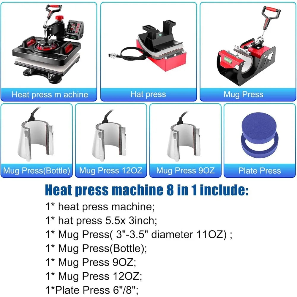 8 in 1 Heat Press Machine, 12" X 15" Swing Away, Digital