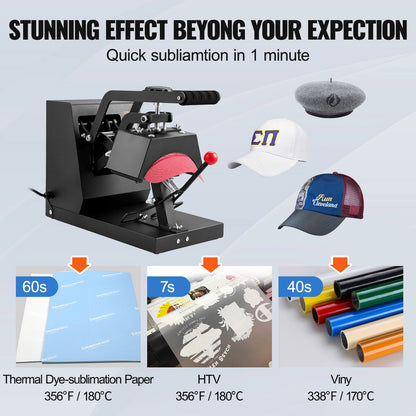 VEVOR 4 in1 Cap Heat Press Machine, 6x3inches, Clamshell Sublimation.